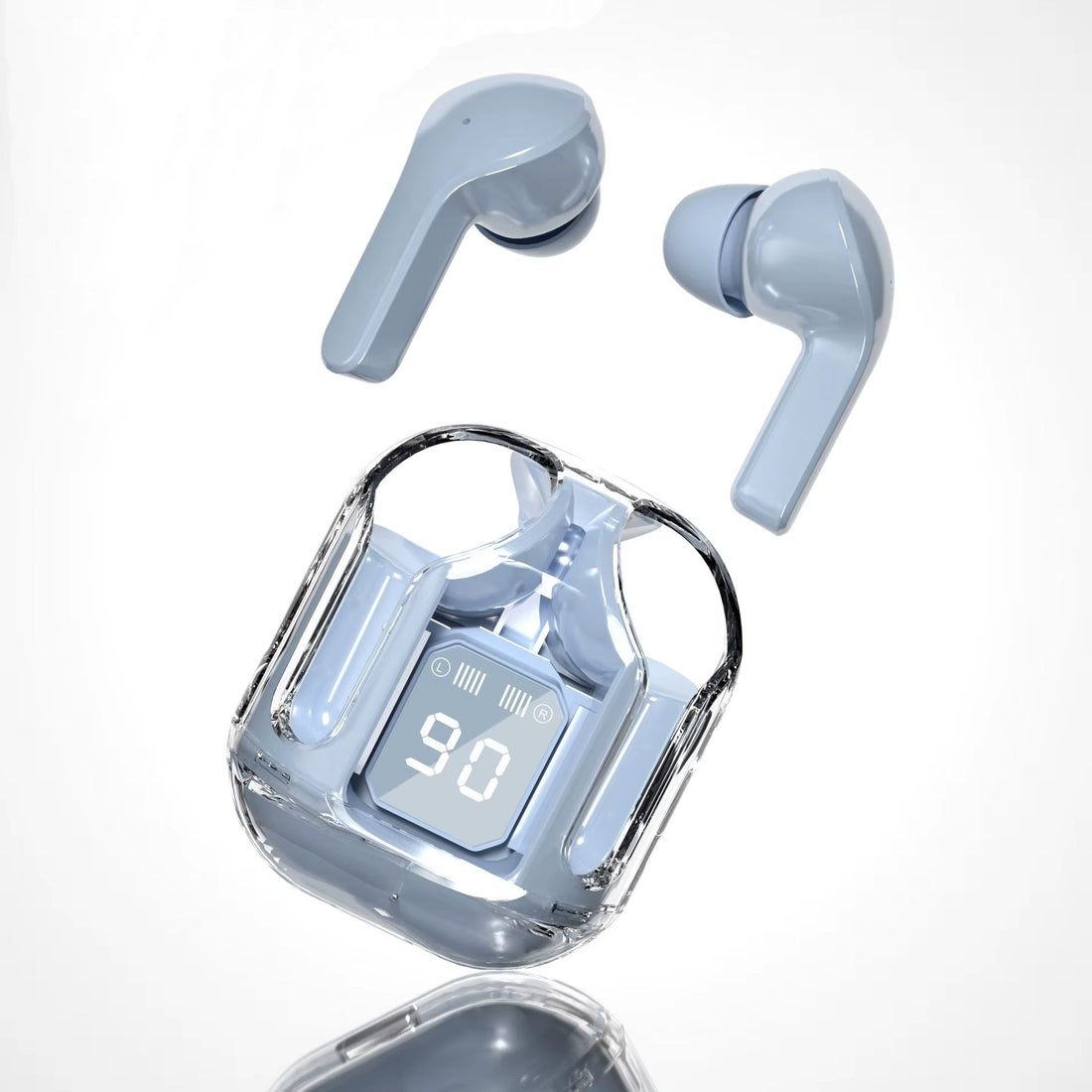 Wireless Bluetooth earbuds with transparent LED display charging case in light blue