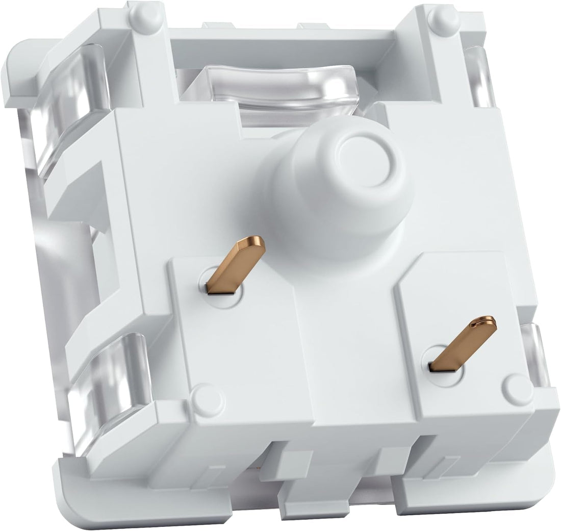 White mechanical keyboard switch bottom view showing plastic center pin and two metal pins