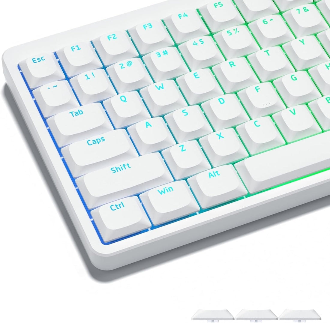 White mechanical keyboard with shine-through keycaps and teal RGB backlight on a white background