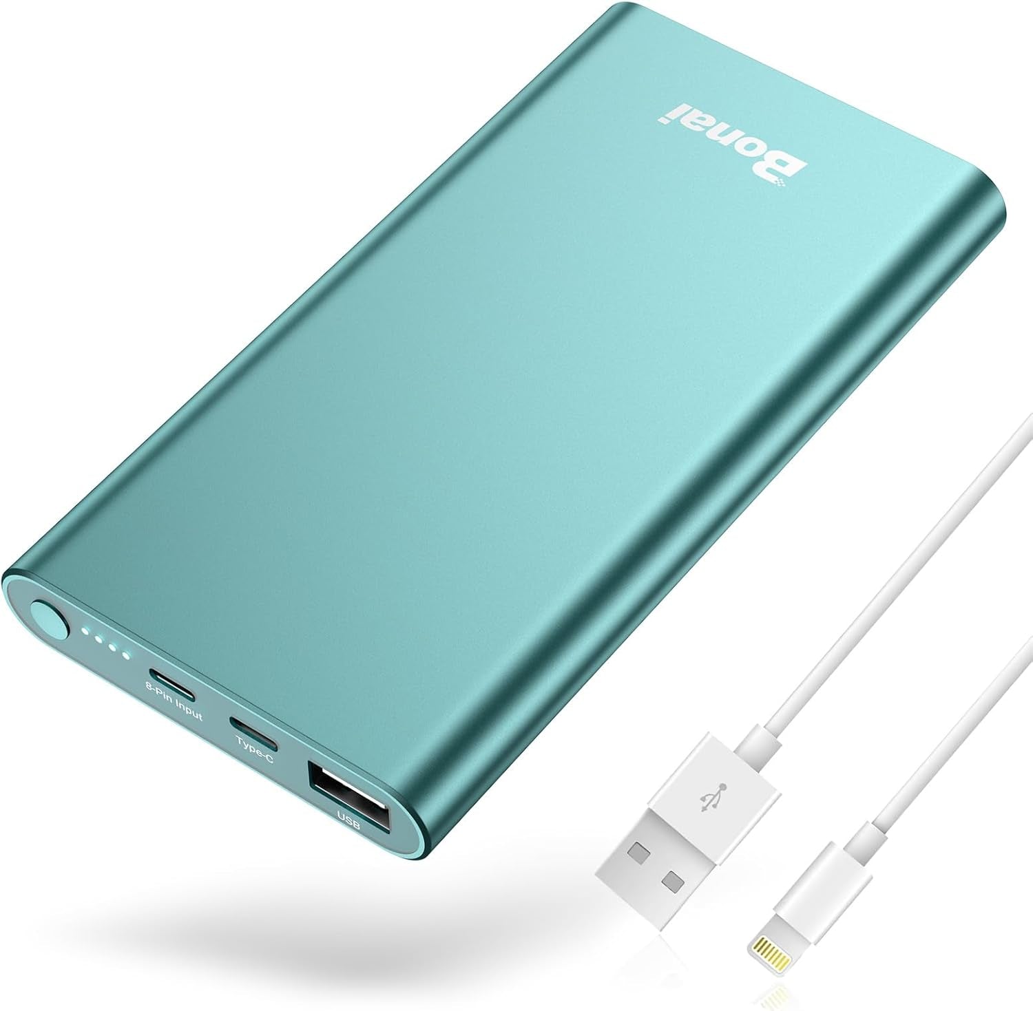 Teal BONAI 12000mAh portable power bank with USB-C and USB-A ports shown alongside a white Lightning cable on a white background