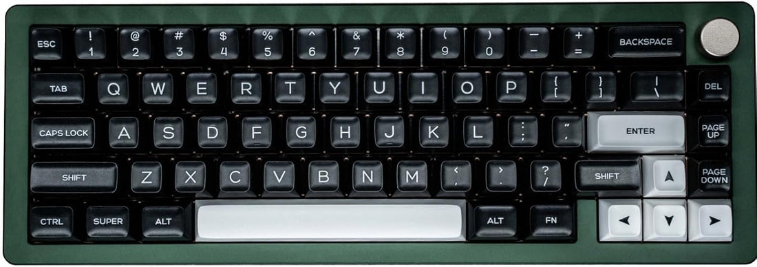 Green mechanical keyboard with knob and SA profile white & black keycaps on white background