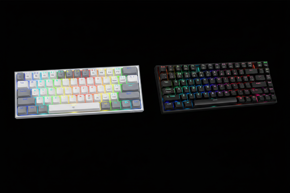 Side-by-side comparison of a white and gray 60% mechanical keyboard and a dark gray 75% mechanical keyboard with RGB backlighting on a black background