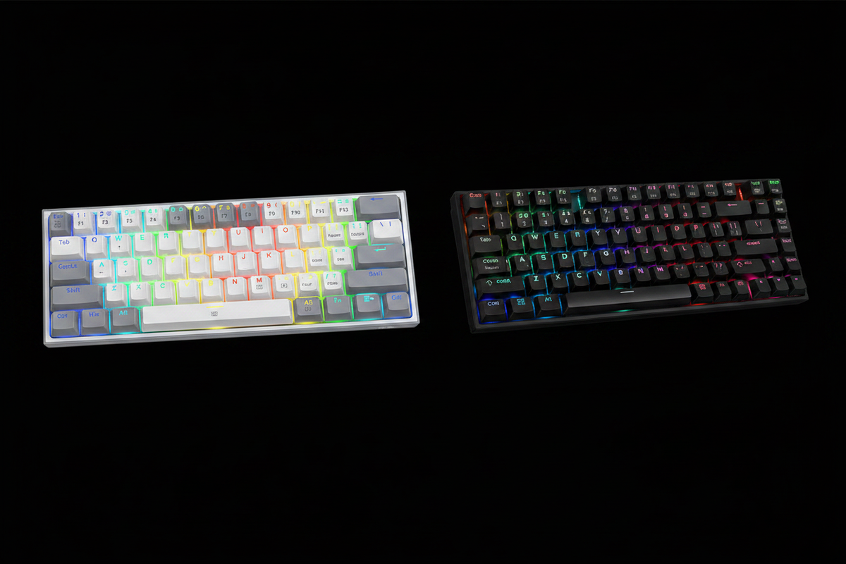 Side-by-side comparison of a white and gray 60% mechanical keyboard and a dark gray 75% mechanical keyboard with RGB backlighting on a black background