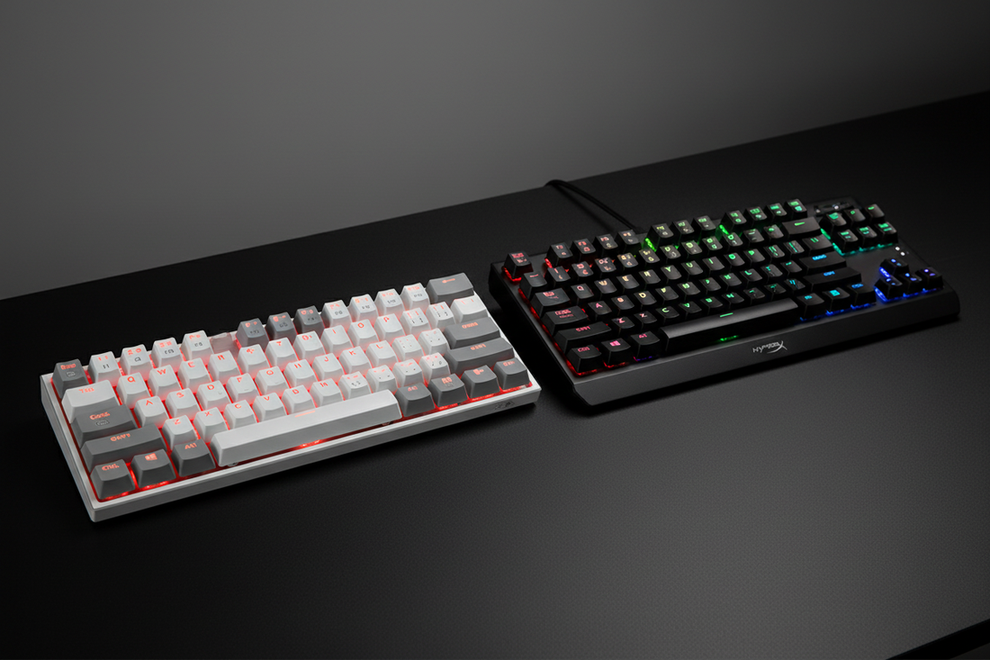 A 60% mechanical keyboard and a TKL mechanical keyboard side by side on a clean desk setup with RGB backlighting