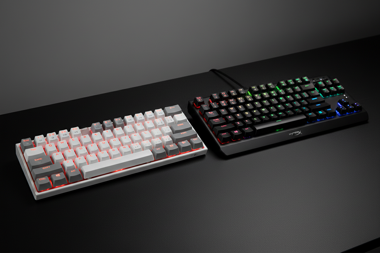 A 60% mechanical keyboard and a TKL mechanical keyboard side by side on a clean desk setup with RGB backlighting