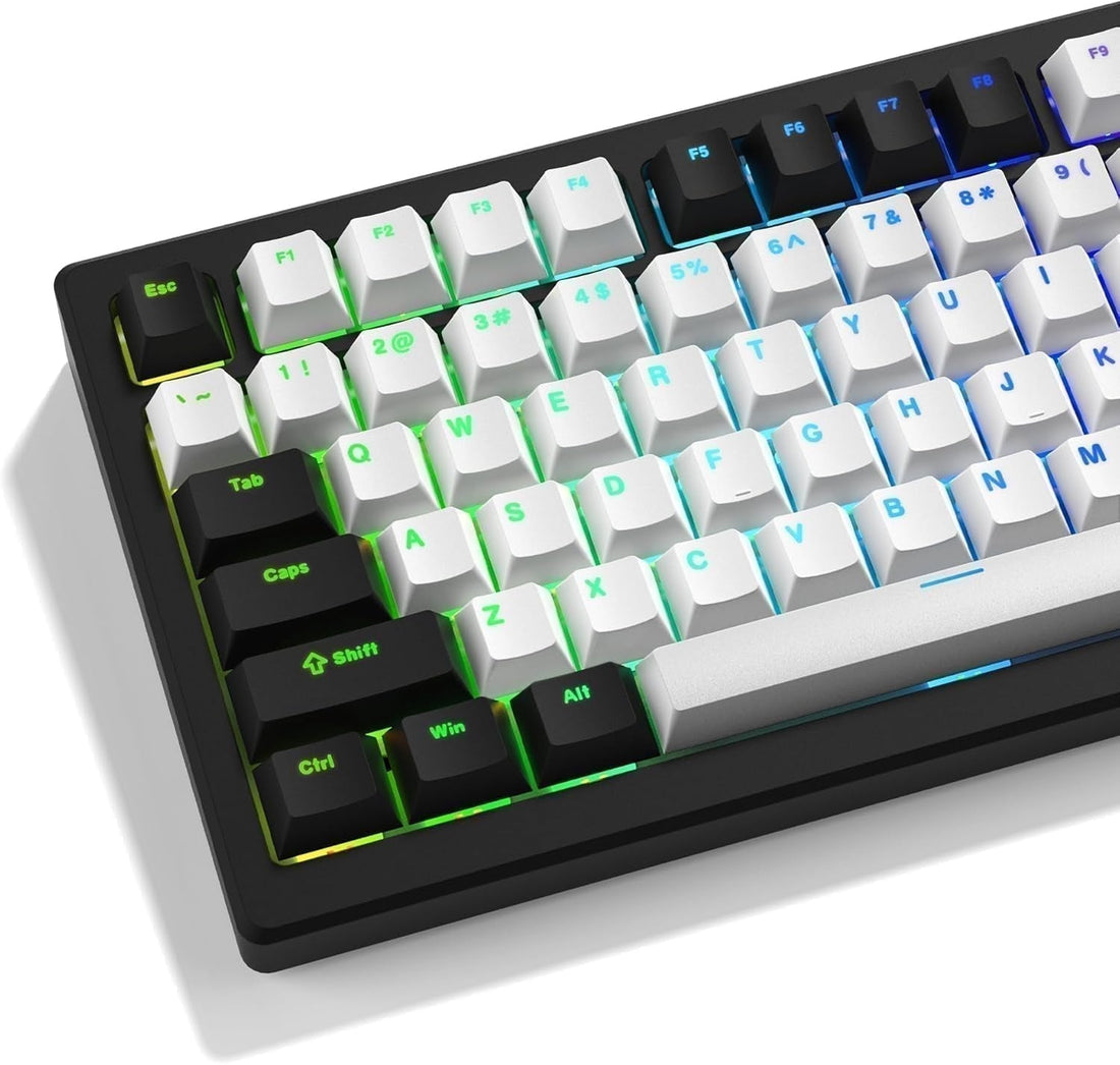 Mechanical keyboard with black and white RGB keycaps on white background