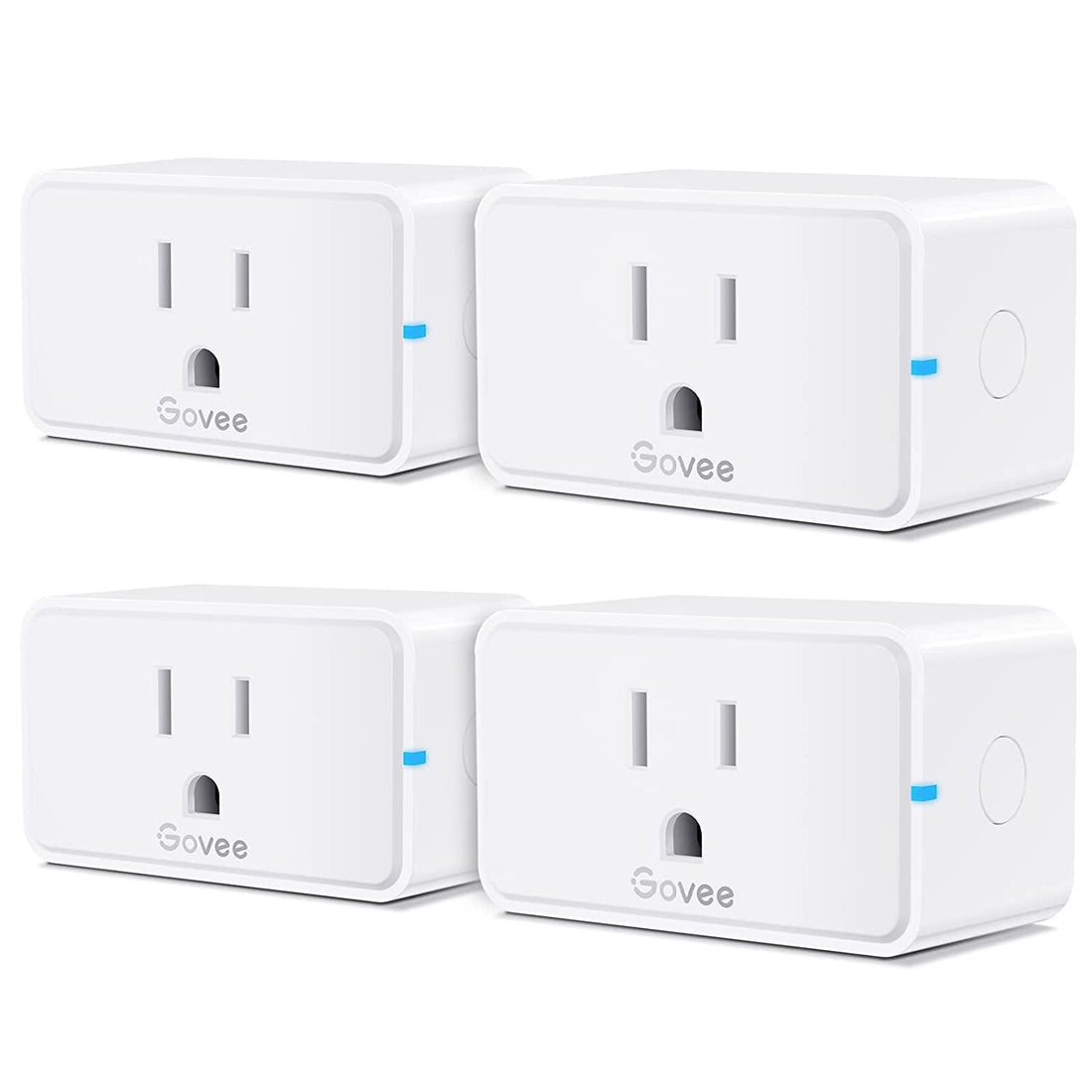 Four white Govee smart plugs arranged in a 2x2 grid on a white background, each showing the Govee logo and a blue LED indicator