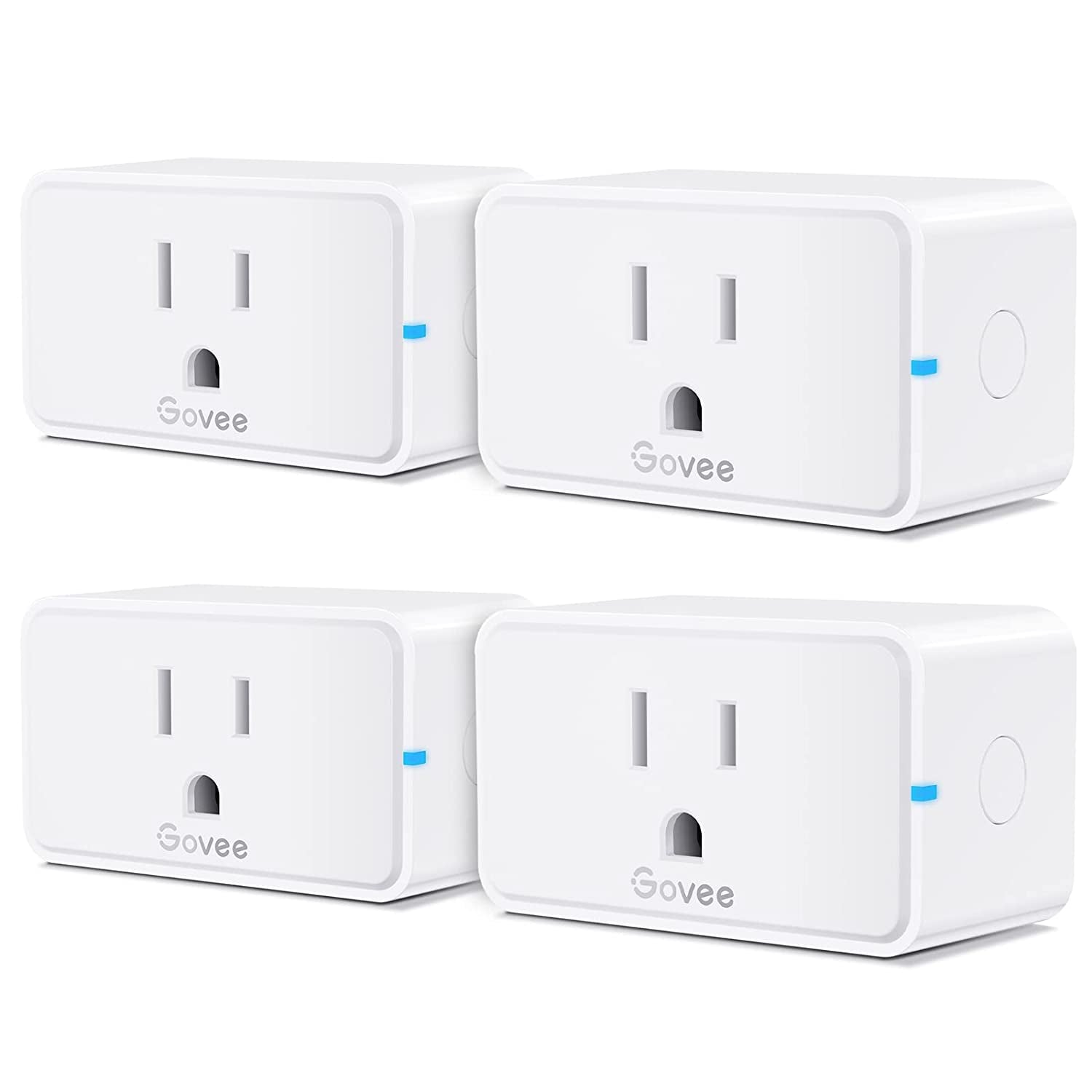 Four white Govee smart plugs arranged in a 2x2 grid on a white background, each showing the Govee logo and a blue LED indicator
