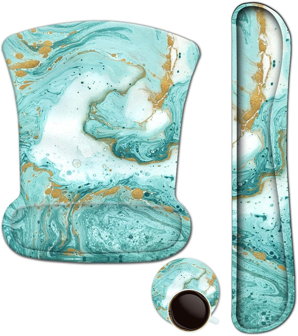 ARTSO ergonomic keyboard and mouse wrist rest set in teal marble design with coaster