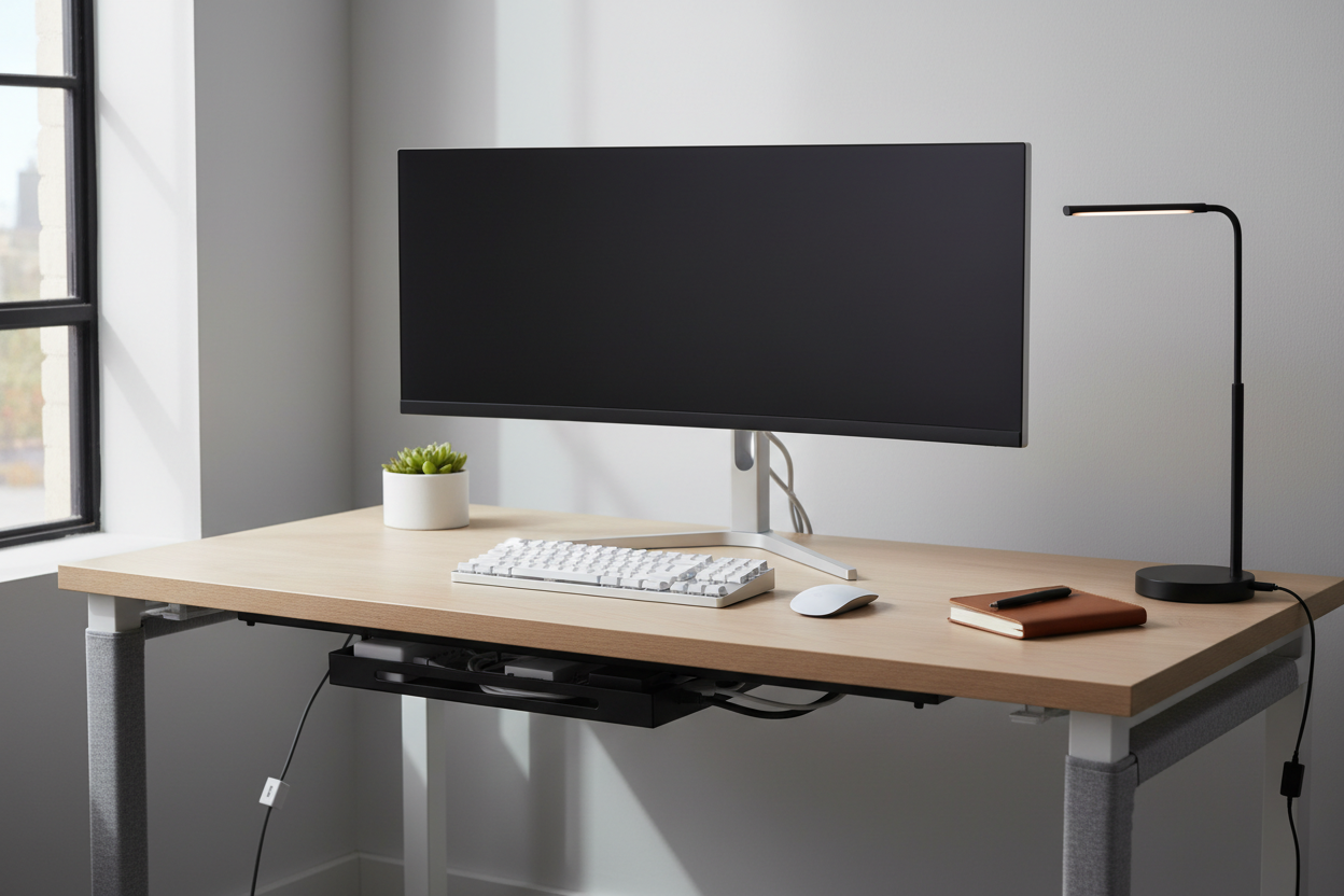 Clean minimalist desk setup with organized cable management featuring standing desk, ultrawide monitor, and under-desk cable tray