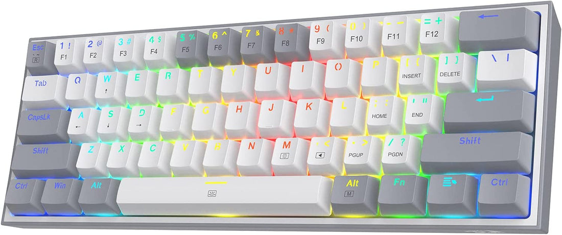 Compact budget 60% mechanical keyboard with RGB backlighting on a white background