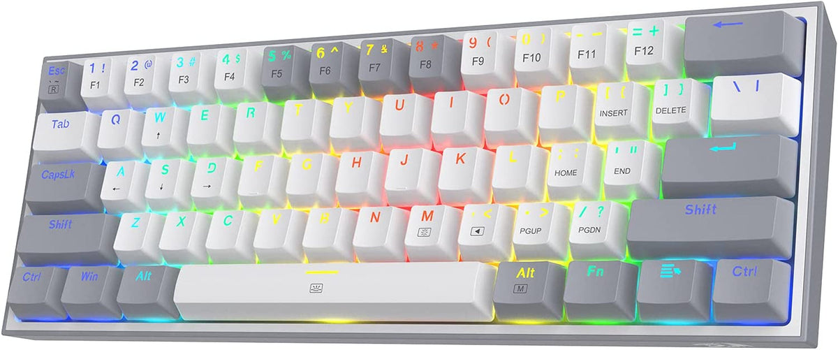Compact budget 60% mechanical keyboard with RGB backlighting on a white background