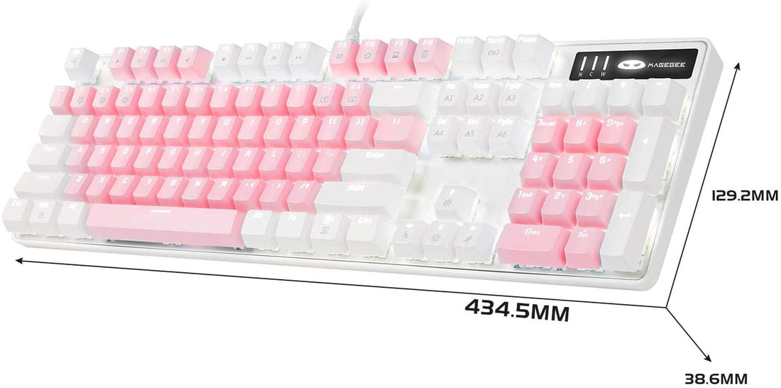 MageGee full-size mechanical keyboard with pink and white keycaps on white background with measurements