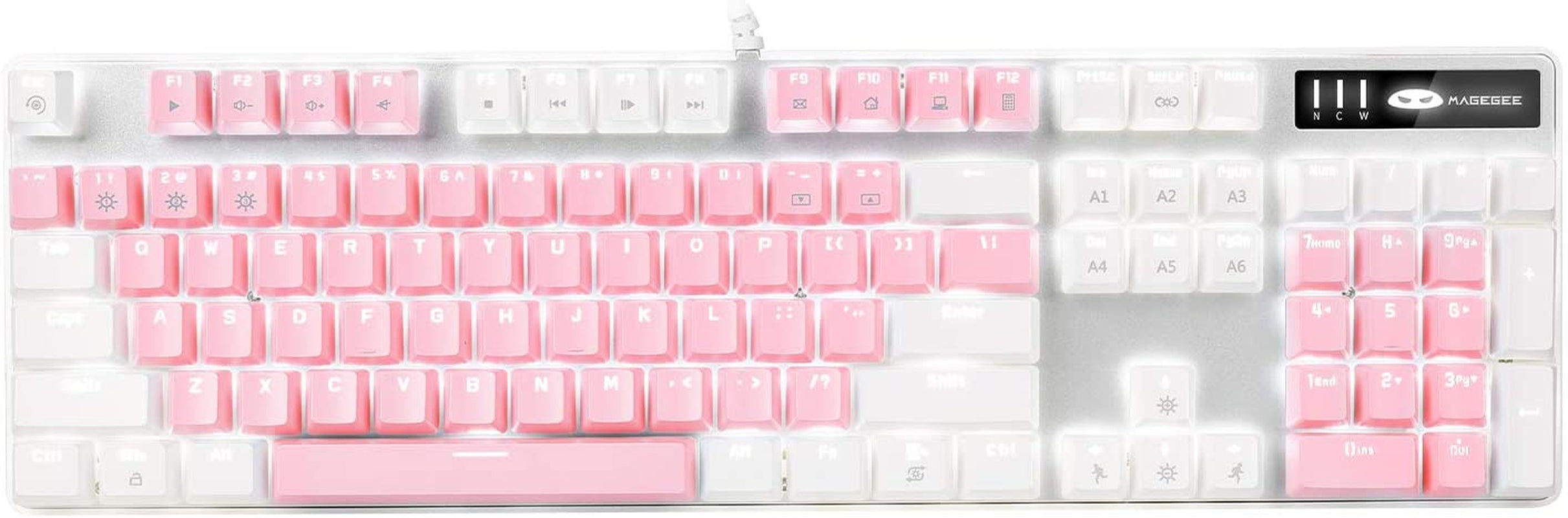 MageGee full-size mechanical keyboard with pink and white keycaps on a white background