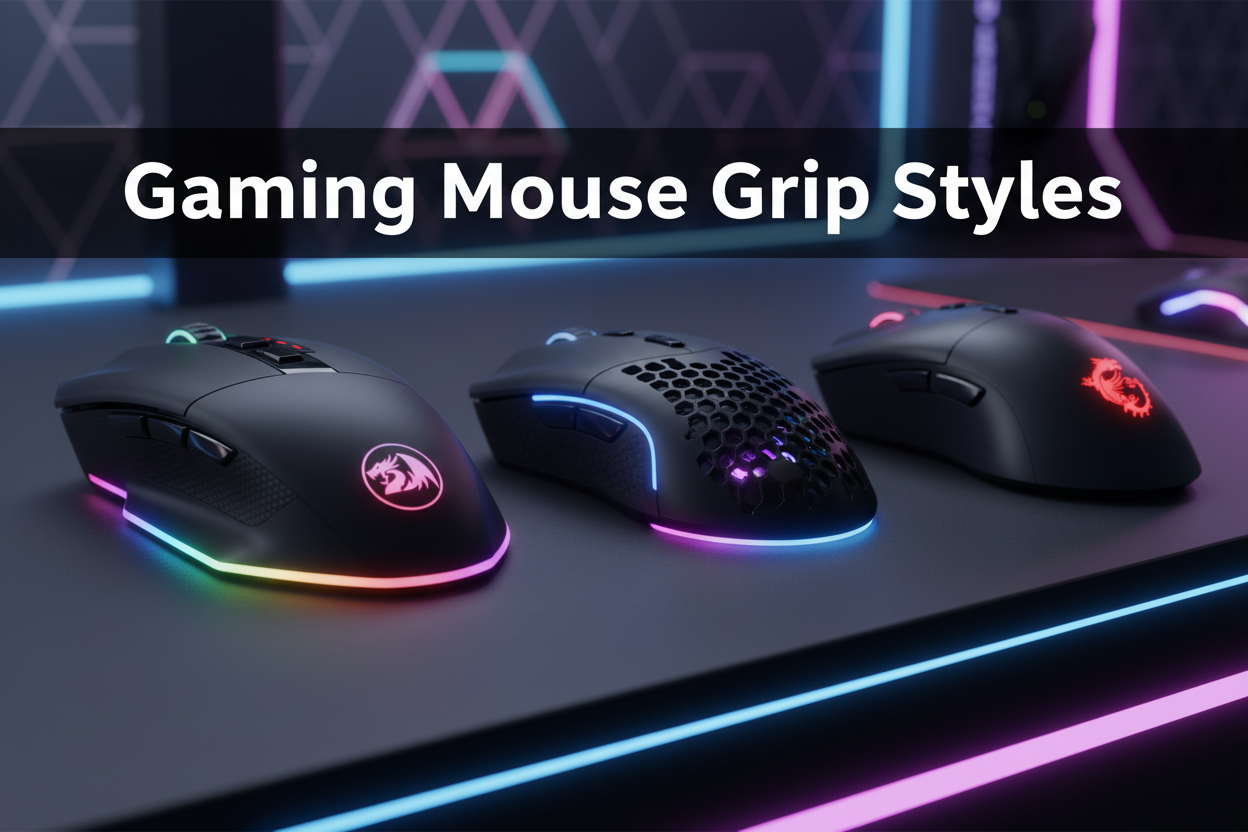 Three gaming mice side by side on a dark desk with RGB lighting — Redragon M801, Glorious Model O Wireless, and MSI Clutch GM41 with text on top reading "Gaming Mouse Grip Styles"