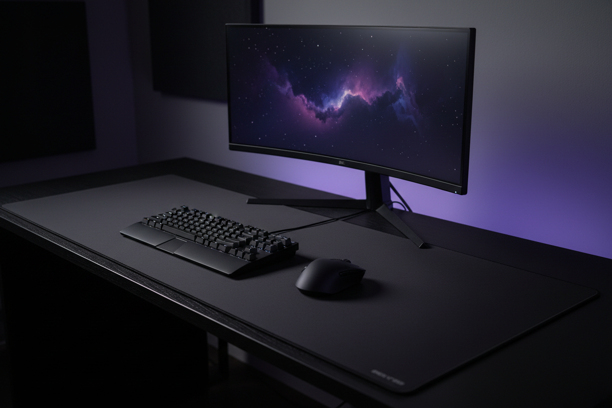 Clean minimal gaming desk setup featuring a sleek black gaming mouse and mechanical keyboard on a large dark cloth mousepad with soft RGB lighting in the background