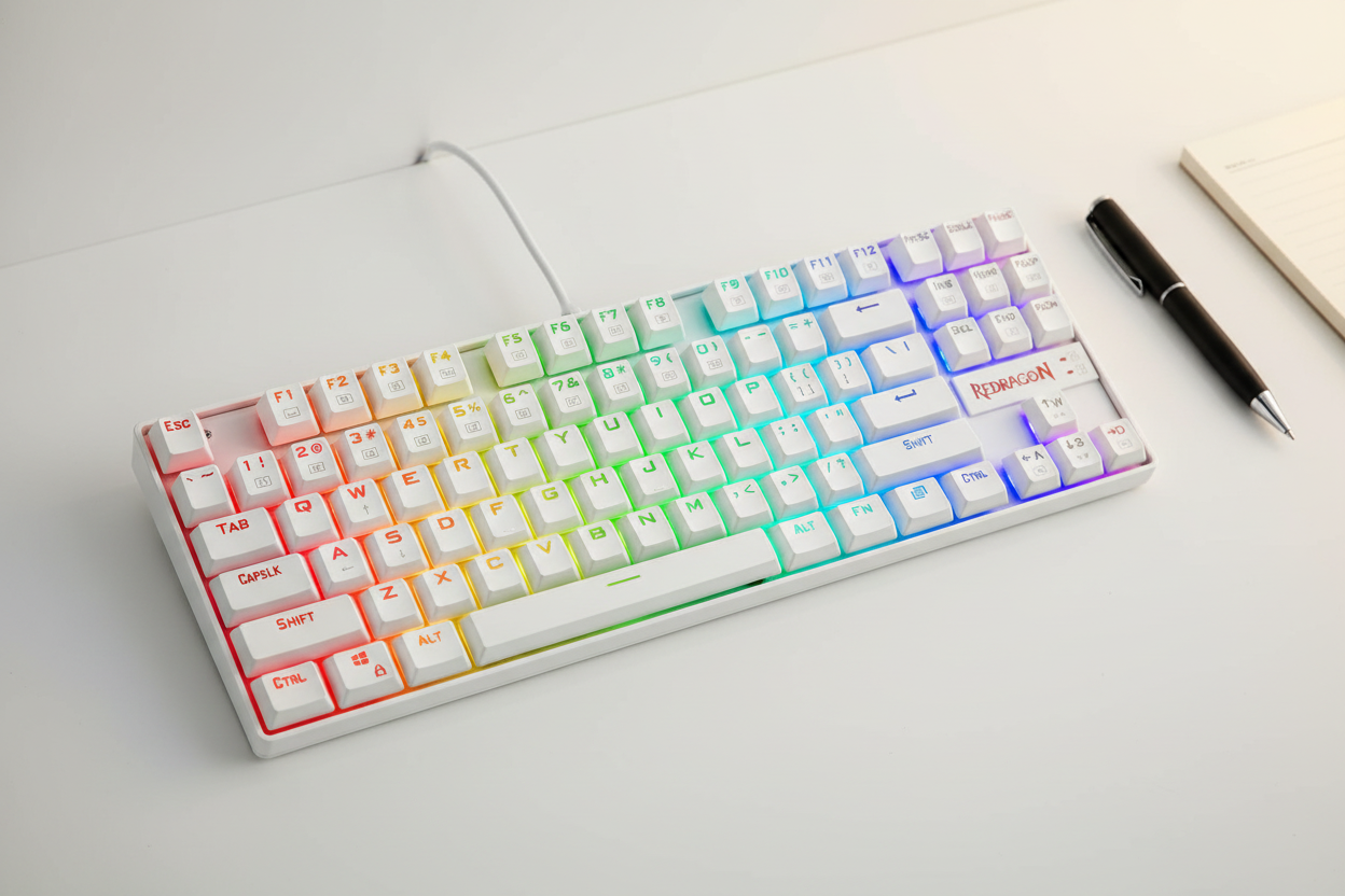 Top-down view of the Redragon K552P white TKL mechanical keyboard on a clean desk