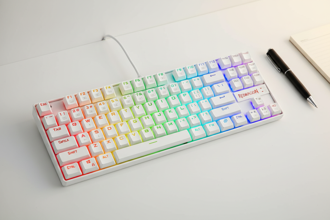 Top-down view of the Redragon K552P white TKL mechanical keyboard on a clean desk