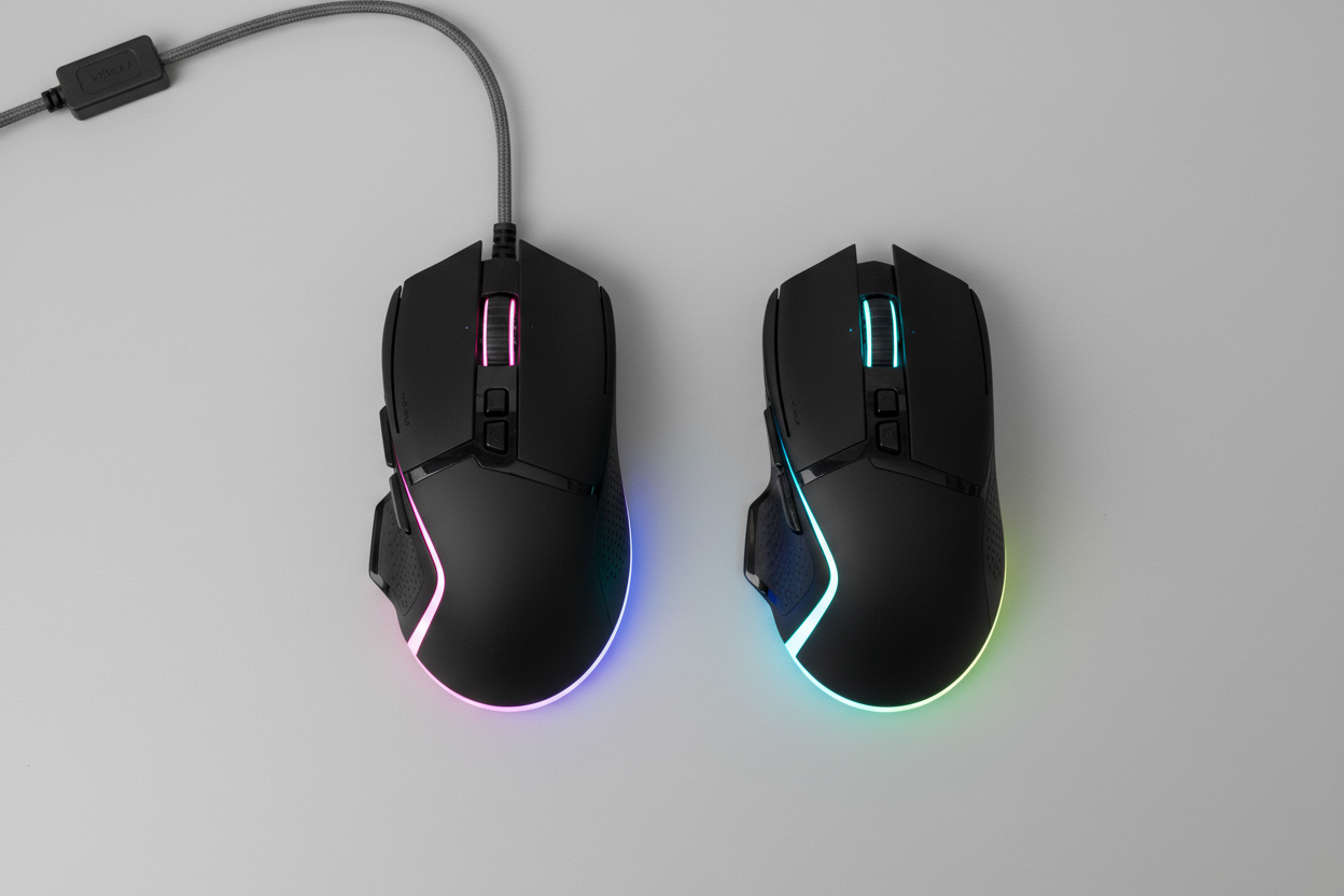 Wired vs wireless gaming mice comparison on modern gaming desk