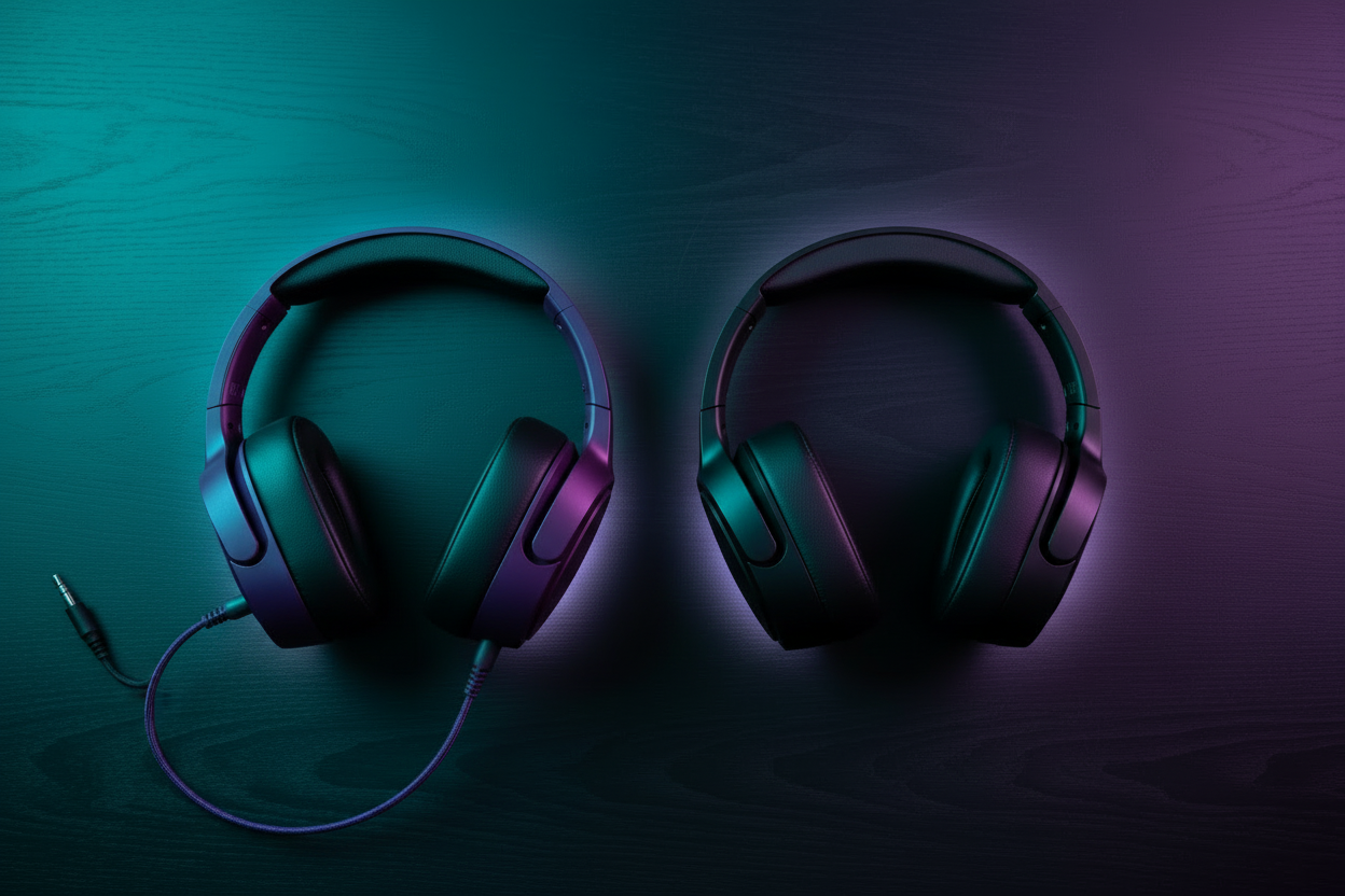 Wired vs wireless gaming headsets side by side on a desk, top-down view