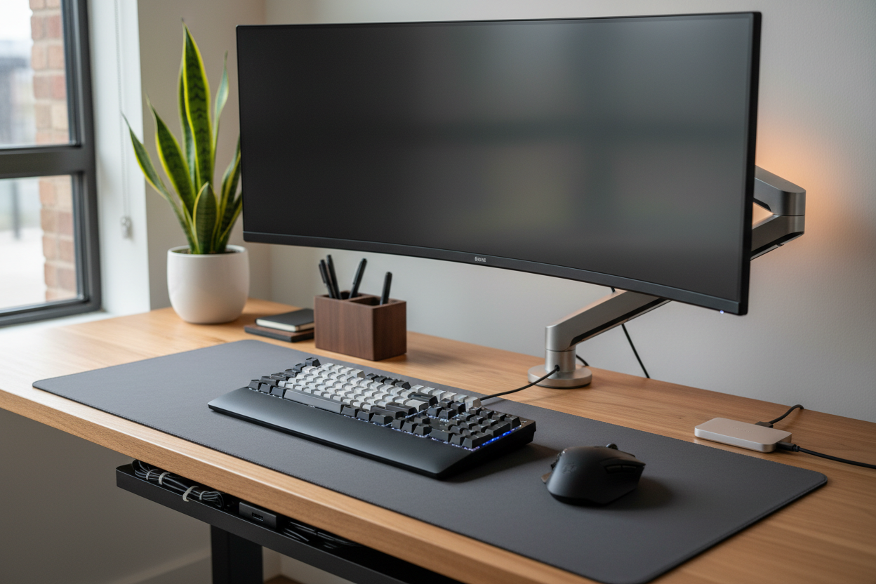 Ergonomic desk setup with proper keyboard, mouse, and monitor positioning