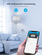 Hand holding smartphone with GoveeHome app controlling a Govee smart plug connected to a floor lamp in a living room, showing WiFi and Bluetooth connectivity icons