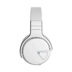 White COWIN E7 over-ear headphones shown from the side on a white background, displaying the right ear cup with a white gloss finish, chrome silver trim, and a blue LED indicator light set into a triangular cutout on the ear cup panel