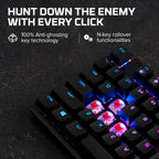 HyperX Alloy Origins Core - TKL Wired Mechanical Gaming Keyboard with RGB LED Backlights and WASD keycaps off revealing red switches on dark background