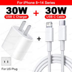 White 30W USB-C wall charger with US two-flat-pin plug on left and white USB-C to Lightning cable on right on white background, with red banner at top reading For iPhone 8 to 14 Series, bold black text reading 30W USB C Charger plus 30W USB C Cable, red pill labels reading USB C Charger and USB C Cable, and US outlet diagram badge in lower left reading For US Plug