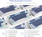 RK M75 keyboard shown in multiple angles displaying south-facing RGB backlighting with blue glow, with backlight control shortcut reference chart