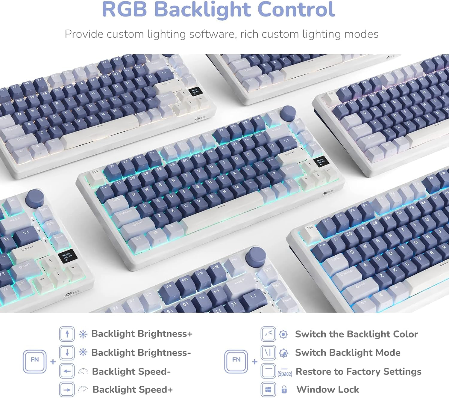 RK M75 keyboard shown in multiple angles displaying south-facing RGB backlighting with blue glow, with backlight control shortcut reference chart