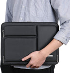 Person in grey shirt carrying closed Lacdo black laptop sleeve under one arm, showing front pocket layout and silver zipper pulls