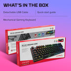 HyperX Alloy Origins Core mechanical gaming keyboard packaging with detachable USB cable and quick start guide on a pink and purple gradient background