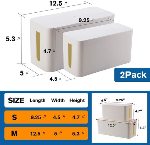 Cable Management Box Organizer 2-Pack - measurements on both medium and small boxes on a white background
