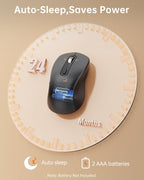 TECKNET wireless mouse on a circular clock-style display showing 24 Months battery life, with transparent bottom revealing 2 AAA batteries, auto sleep moon icon, and text reading Auto-Sleep Saves Power, Battery Not Included