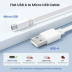 Close-up of white flat Micro USB and USB-A cable connectors on a light blue background with bold black text reading "Flat USB A to Micro USB Cable", blue callout labels identifying the Micro USB and USB-A ends, and a four-icon compatibility chart at the bottom showing a green checkmark for Micro USB and red X marks for USB-C, Lightning, and DC round port, with a warning note reading "Check your camera's charging port before ordering"