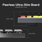 Side profile height comparison diagram showing Redragon K556 at 35mm tall versus Redragon K618 PRO at 18mm tall with low-profile linear switches visible, on dark background with text reading Peerless Ultra-Slim Board Impossible 50% Lower