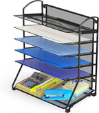 Black 6-tier mesh steel document organizer with office supplies front view on a white background