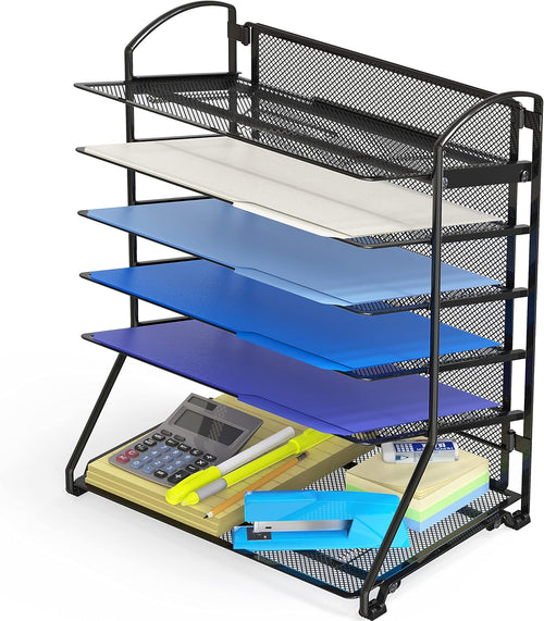 6-Tier Sliding File Organizer, Desk Letter Tray for Document and Mail Sorting, Black
