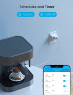 Govee smart plug controlling an espresso machine with GoveeHome app timer screen showing scheduled on/off times at 12:00, 15:00, 7:00, 11:30, and 22:00