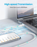 Huukein nylon braided USB-C cable connecting a smartphone to a MacBook Pro with animated data transfer graphic and text reading High-speed Transmission Data Sync up to 480Mbps