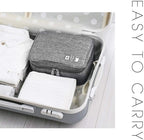 OrgaWise Grey Portable Three-Layer Electronics Organizer in a open suitcase on a wooden floor