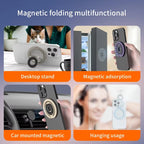 Four-panel use case grid for MagSafe magnetic ring grip on purple background: top left shows silver iPhone propped as desktop stand on marble table with woman and cat in background labeled Desktop stand; top right shows purple grip holding iPhone magnetically to stainless steel refrigerator door labeled Magnetic adsorption; bottom left shows gold grip holding iPhone on car air vent mount while driving labeled Car mounted magnetic; bottom right shows light blue grip hanging iPhone on wall hook labeled Hangin