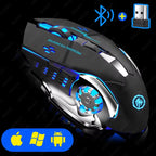 Black gaming mouse with blue RGB lighting photographed from a side angle on a pure black background, with a blue Bluetooth icon and cyan USB receiver icon in the top right corner, and a blue pill badge showing Apple, Windows, and Android logos in the bottom left