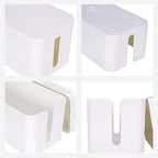 Cable management box white, all angles view showing front and rear cable entry points