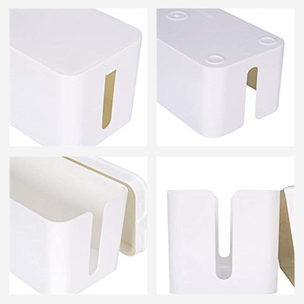 Cable management box white, all angles view showing front and rear cable entry points