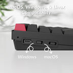 Close-up of Keychron K2 V3 left side showing USB-C port, Windows mode switch, and macOS mode switch with white arrow callouts labeled Windows and macOS, with text reading macOS, Windows, and Linux Compatibility