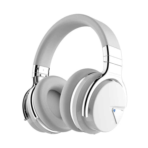 White COWIN E7 over-ear headphones shown at a three-quarter angle on a white background, with grey protein leather ear cushions, chrome silver hinges and headband accents, and a small blue LED indicator visible on the right ear cup