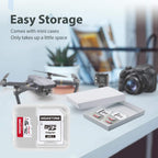 Gigastone 256GB microSD card and SD adapter with mini storage case, shown next to a drone and DSLR camera on a desk