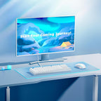 Redragon K552P white TKL mechanical keyboard on a large blue-edged desk mat alongside a white wireless mouse, in front of a white monitor displaying a stylized arctic landscape with text reading Start Your Gaming Journey, on a light blue gaming desk